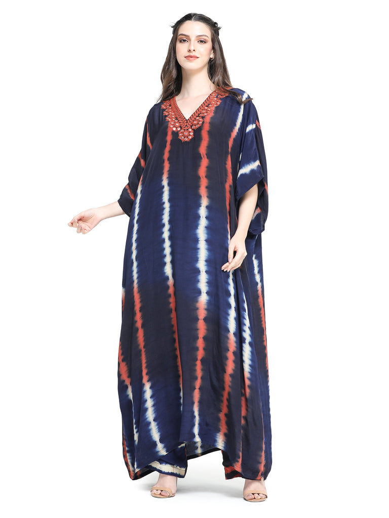Blue leheriya dyed kaftan kurta with mirror work paired with pants