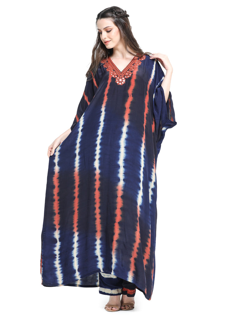 Blue leheriya dyed kaftan kurta with mirror work paired with pants