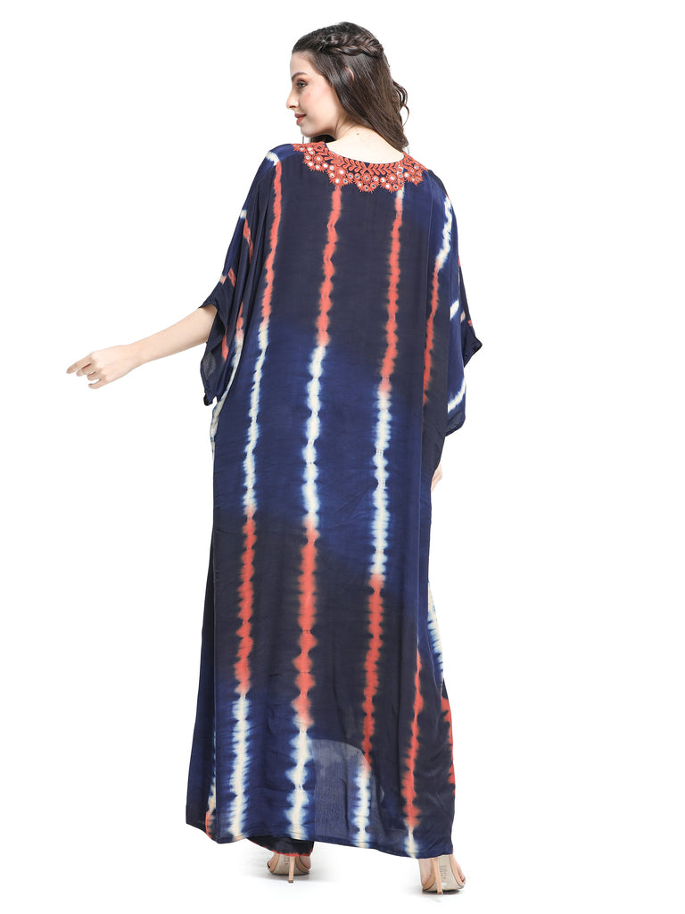 Blue leheriya dyed kaftan kurta with mirror work paired with pants