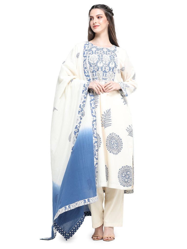 Bone khaadi block printed  and embroidered kurta with  pants