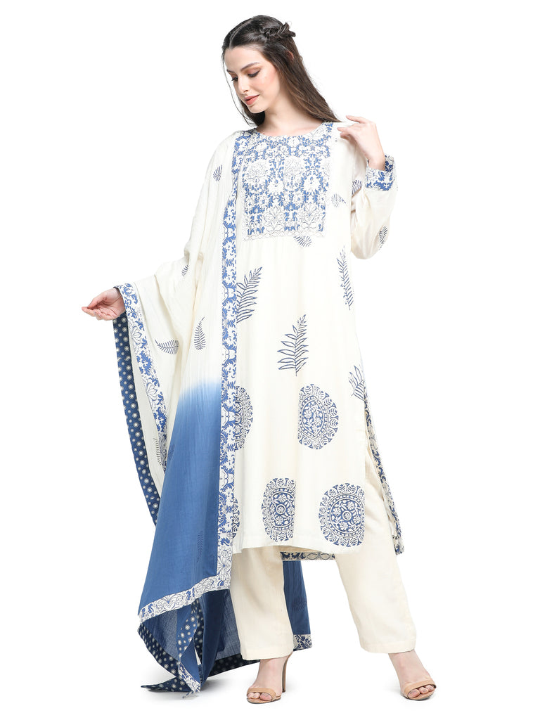 Bone khaadi block printed  and embroidered kurta with  pants