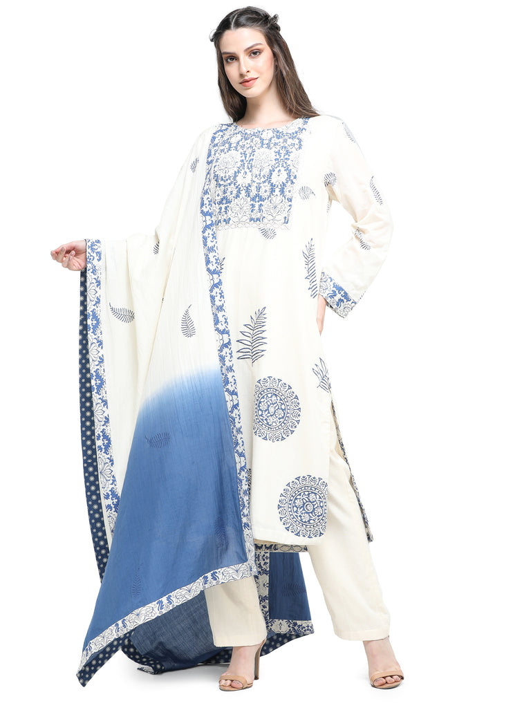 Bone khaadi block printed and embroidered kurta with pants