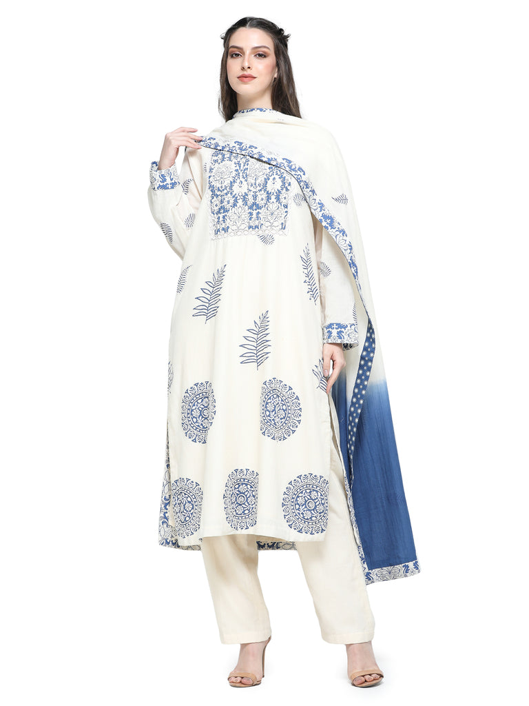 Bone khaadi block printed and embroidered kurta with pants