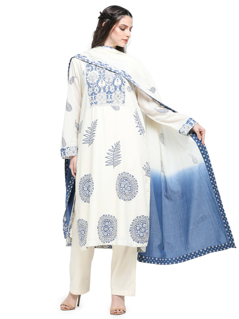 Bone khaadi block printed and embroidered kurta with pants