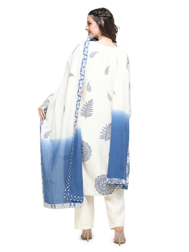 Bone khaadi block printed and embroidered kurta with pants