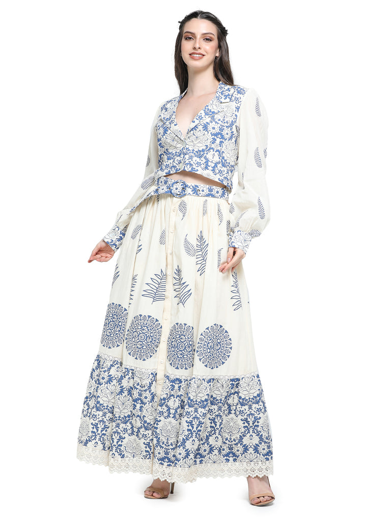 Bone khaadi block printed  top with skirt