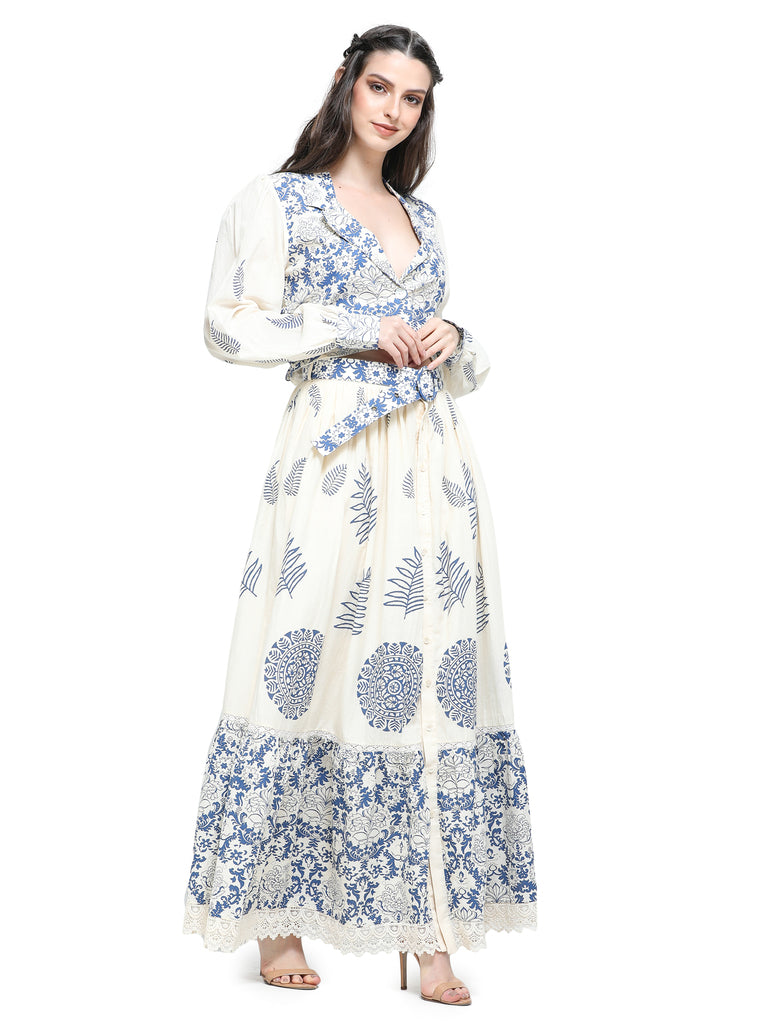 Bone khaadi block printed top with skirt