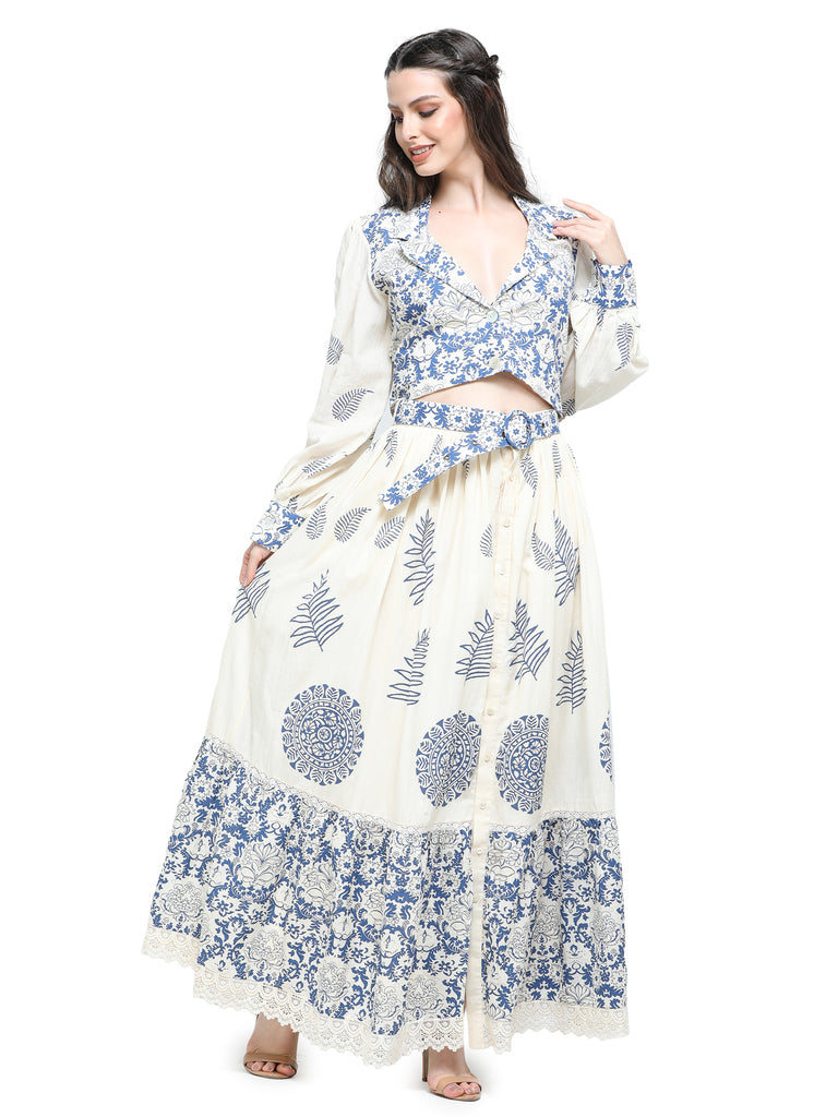 Bone khaadi block printed top with skirt