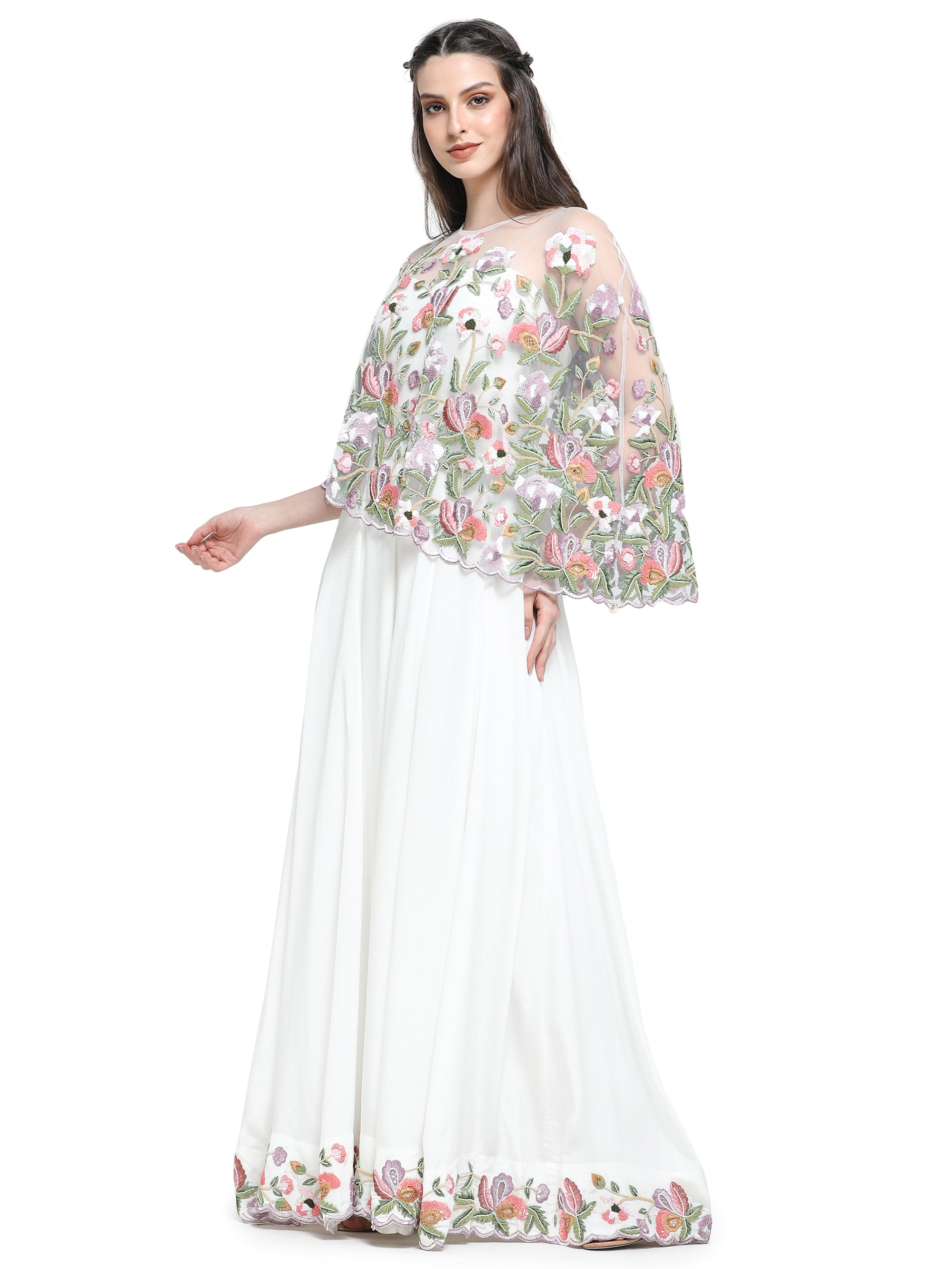 White crepe sequins emb jumpsuit with sequins emb cape- P(10-23)107