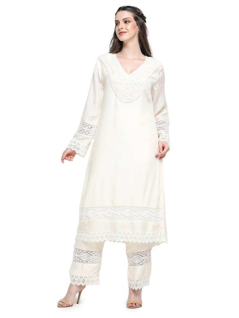 White mul pearl  embroidered kurta with  pants and dupatta