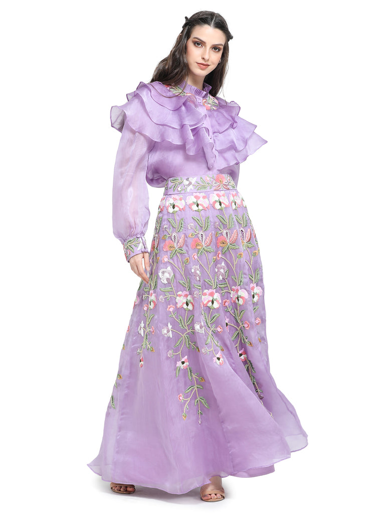 Lilac organza sequins emb shirt with skirt- P(10-23)99