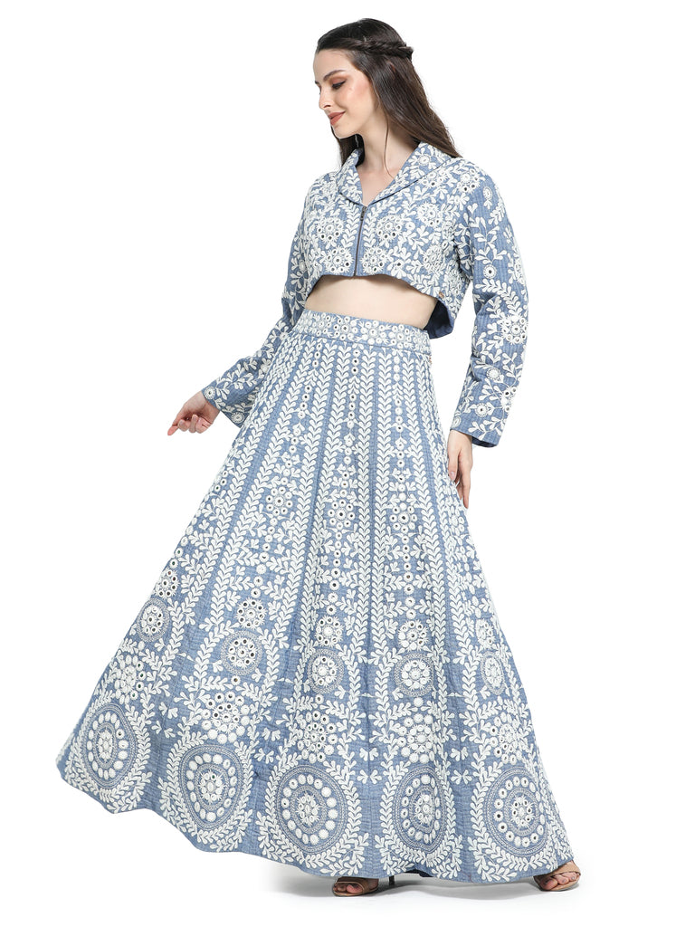 Blue khaadi mirror embroidered kalidar skirt with embroidered top
