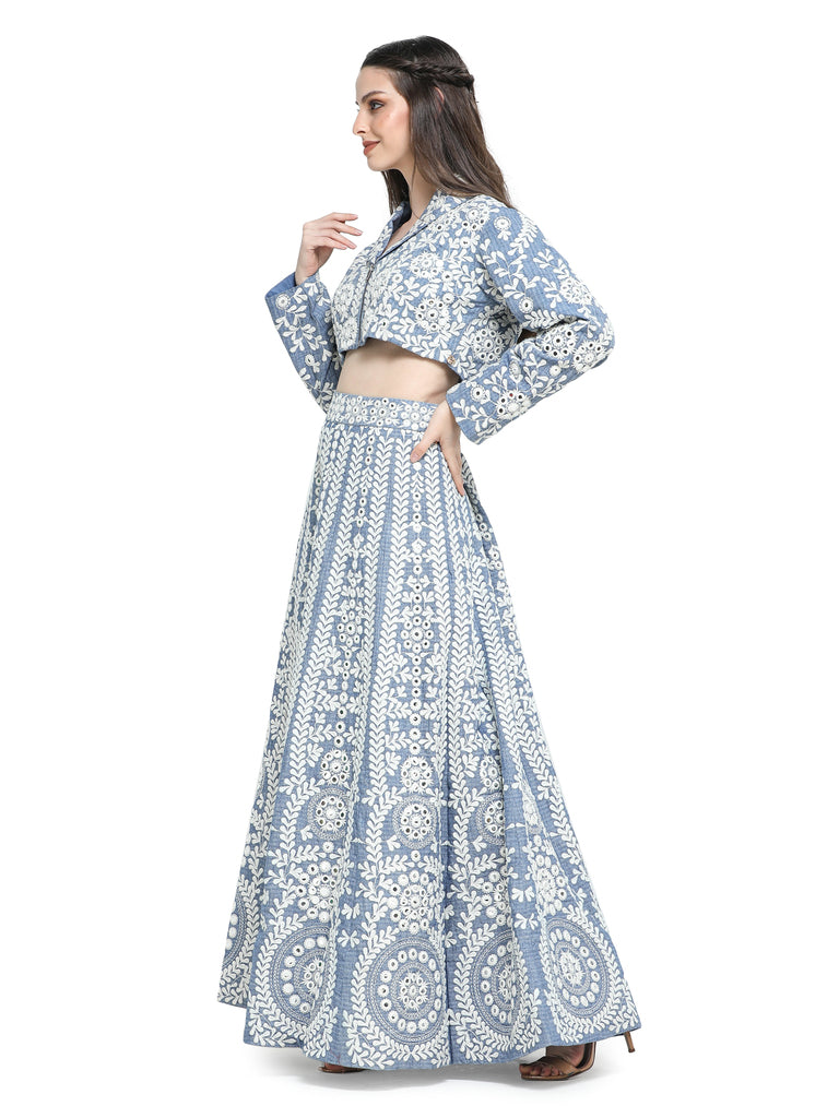 Blue khaadi mirror embroidered kalidar skirt with embroidered top