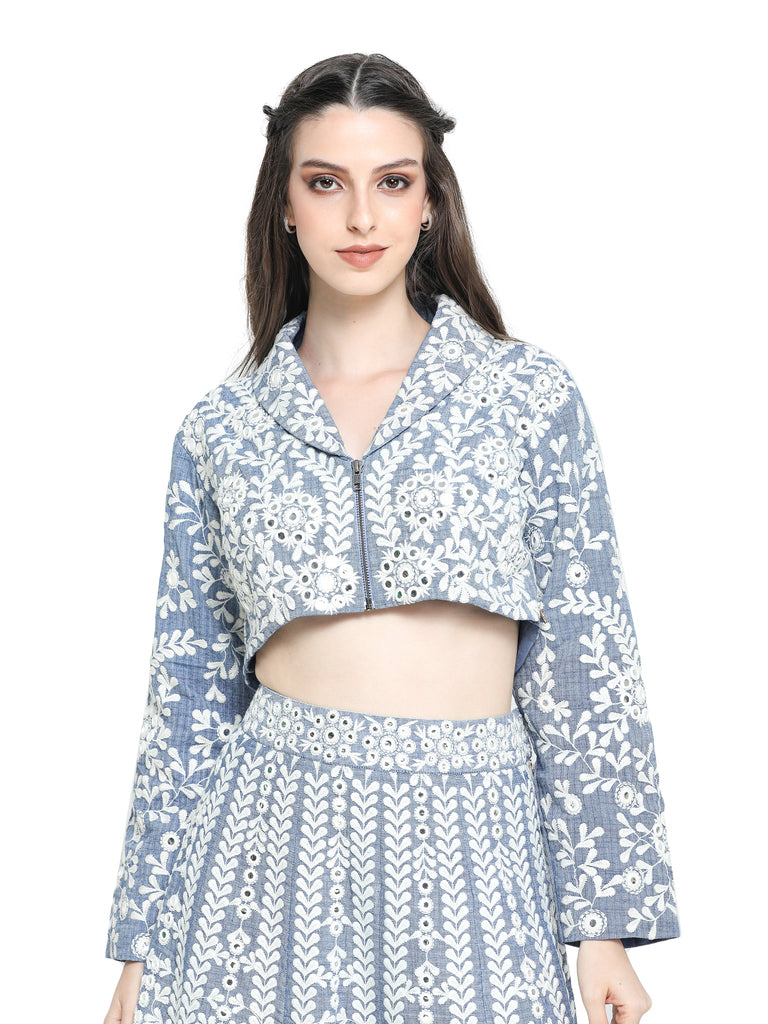 Blue khaadi mirror embroidered kalidar skirt with embroidered top