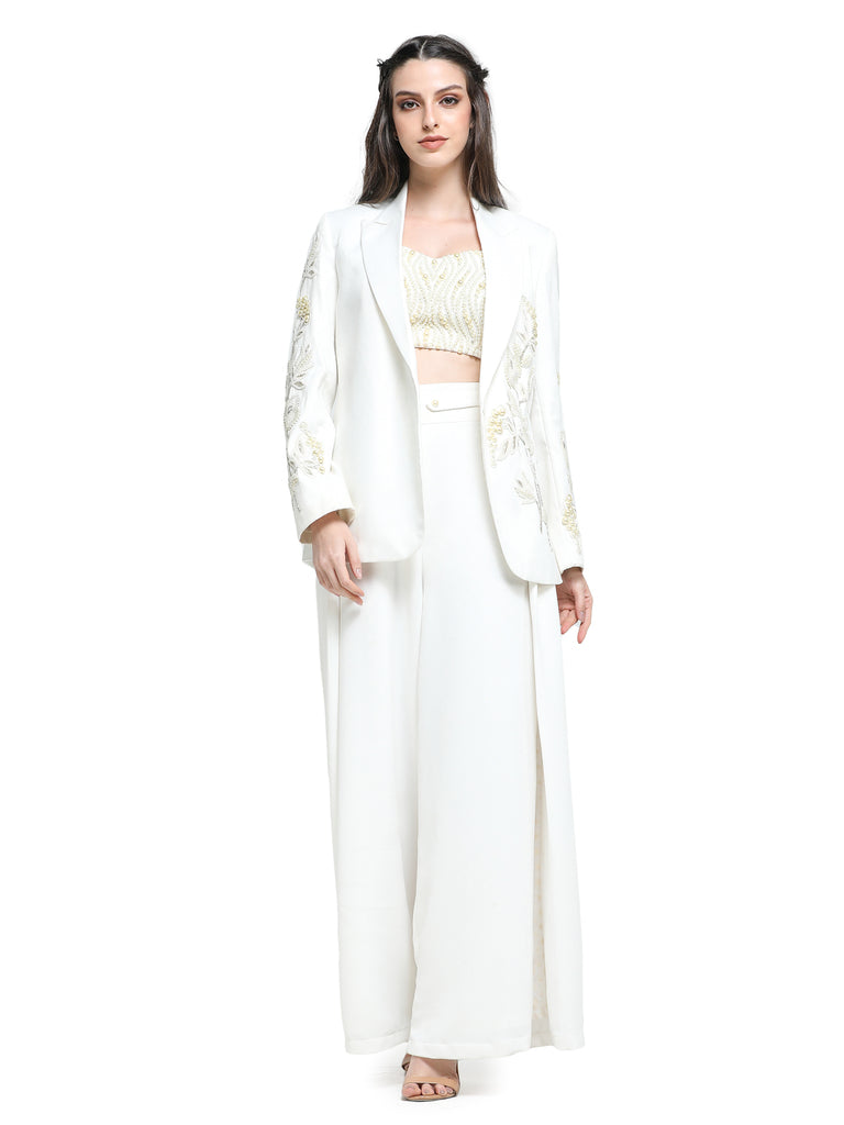 Off white pearl embroidered  pant suit with pearl  embroidered bustier
