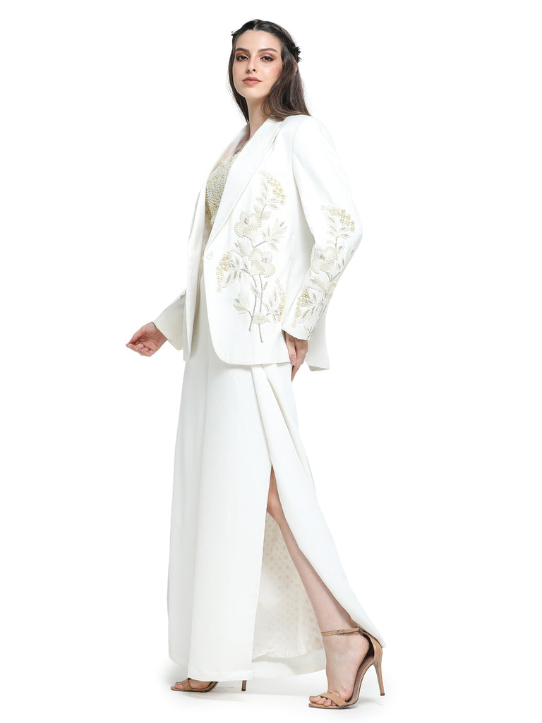 Off white pearl embroidered pant suit with pearl embroidered bustier