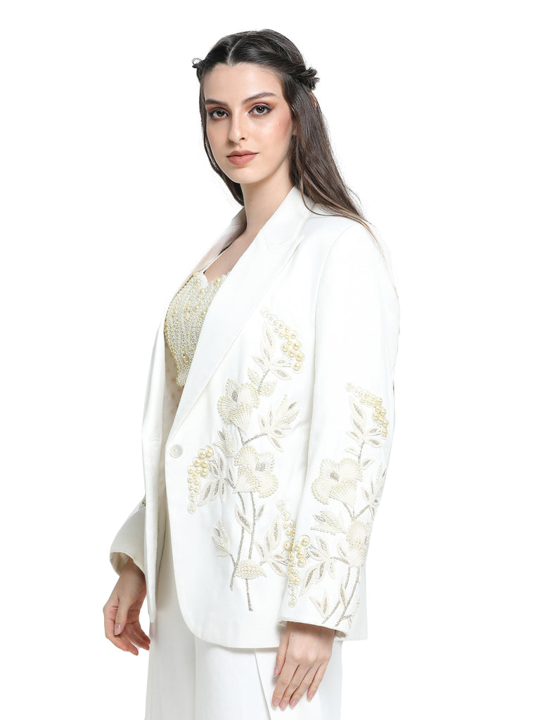 Off white pearl embroidered pant suit with pearl embroidered bustier