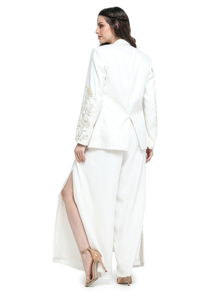 Off white pearl embroidered pant suit with pearl embroidered bustier