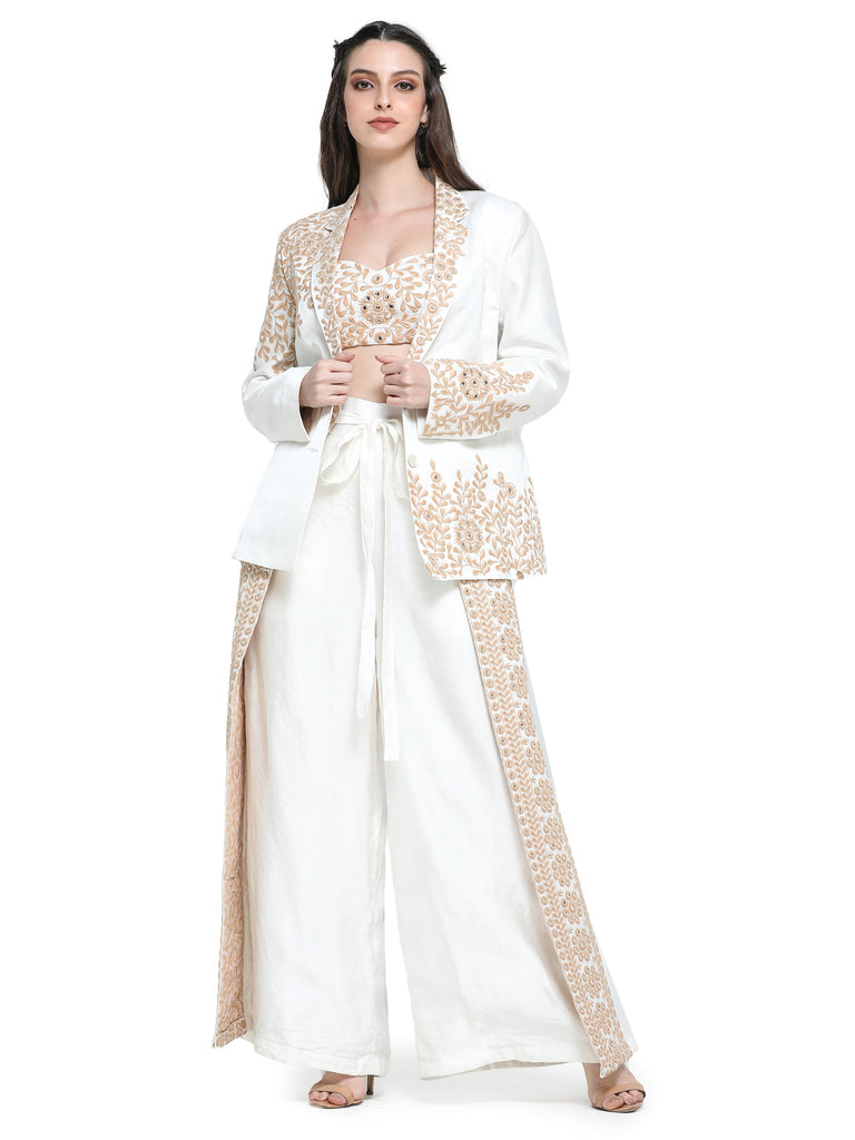 White mirror work pant suit with embroidered bustier