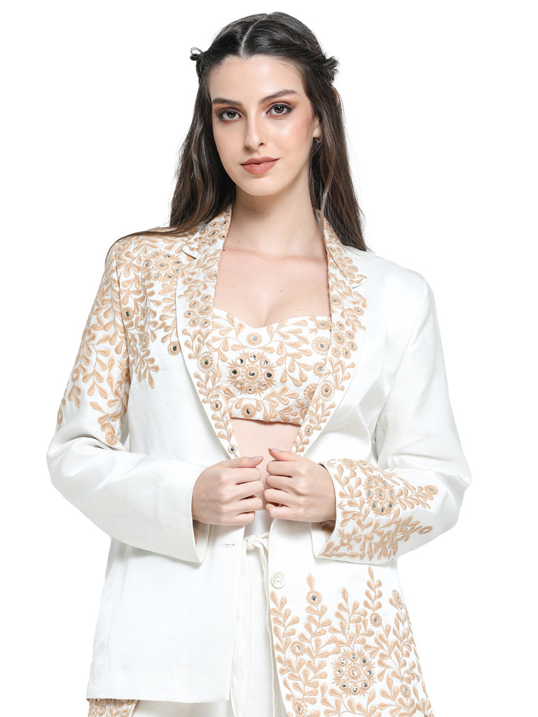 White mirror work pant suit with embroidered bustier