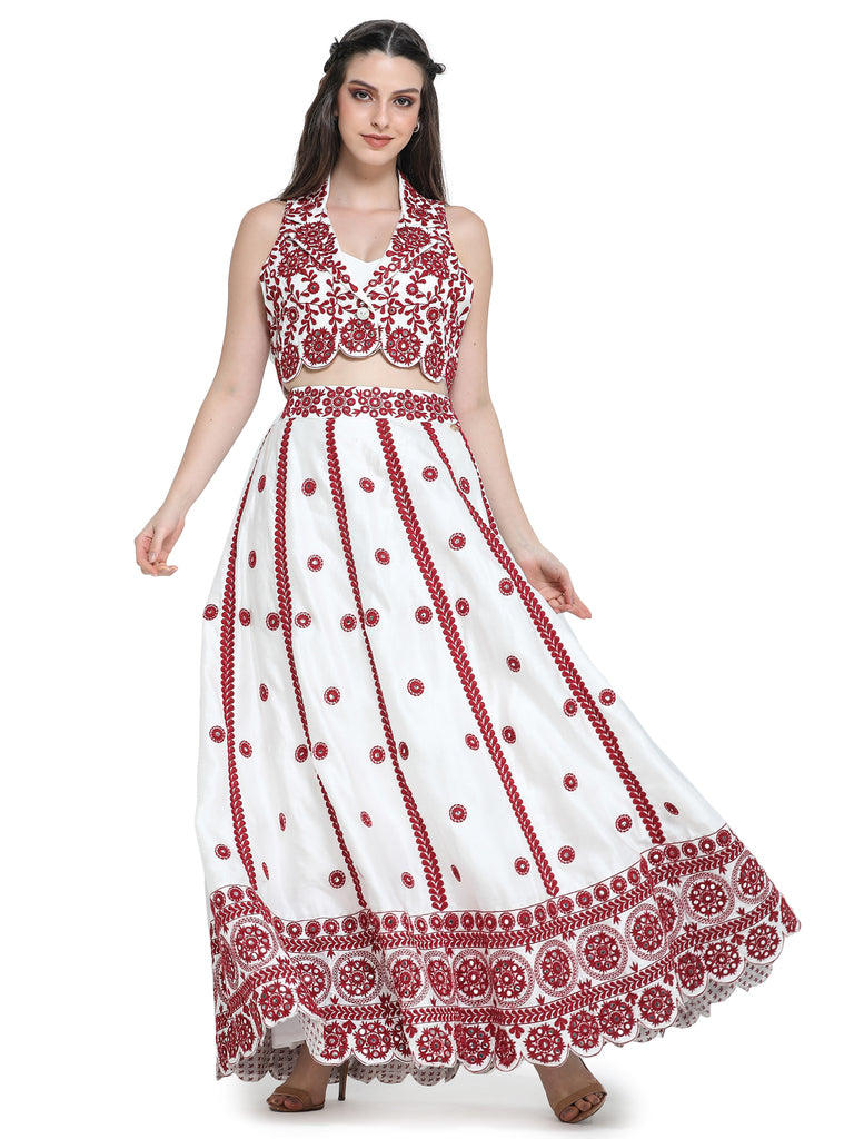 White with red mirror embroidered skirt with embroidered crop jacket and white bustier