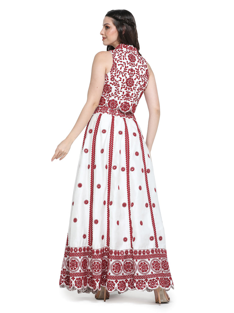 White with red mirror embroidered skirt with embroidered crop jacket and white bustier