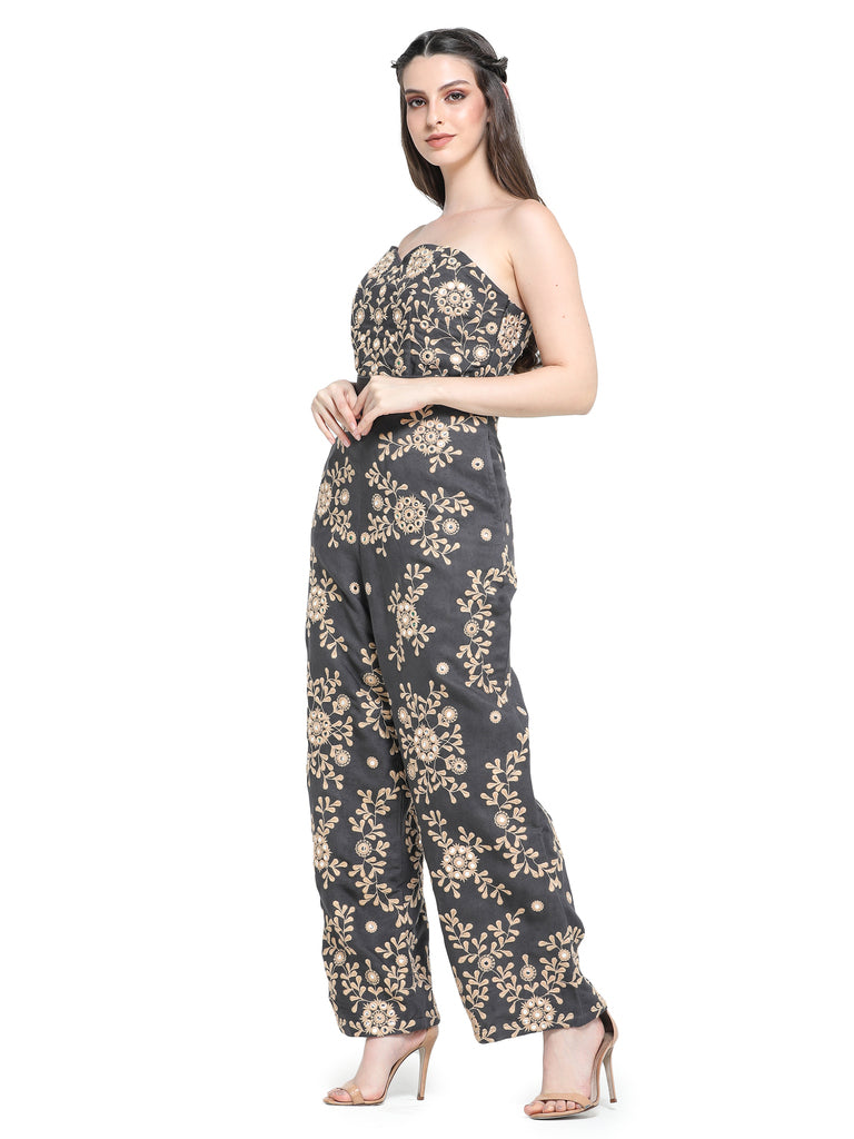 Charcoal grey mirror  embroidered peplum top  with pants