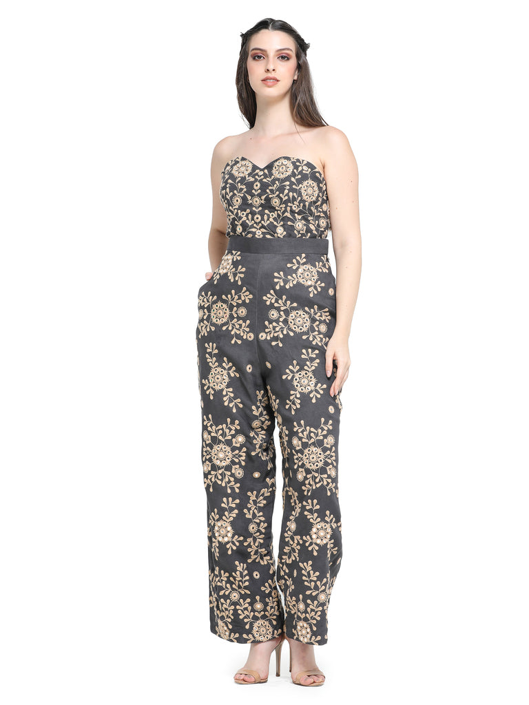 Charcoal grey mirror embroidered peplum top with pants