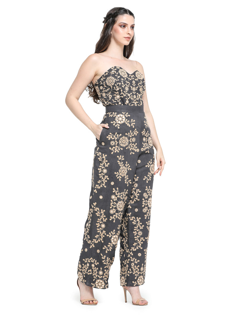 Charcoal grey mirror embroidered peplum top with pants