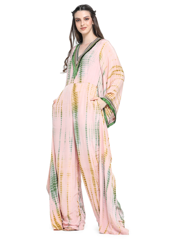 Pink and green shibori crepe kaftan style jumpsuit with embroidered V-neckline