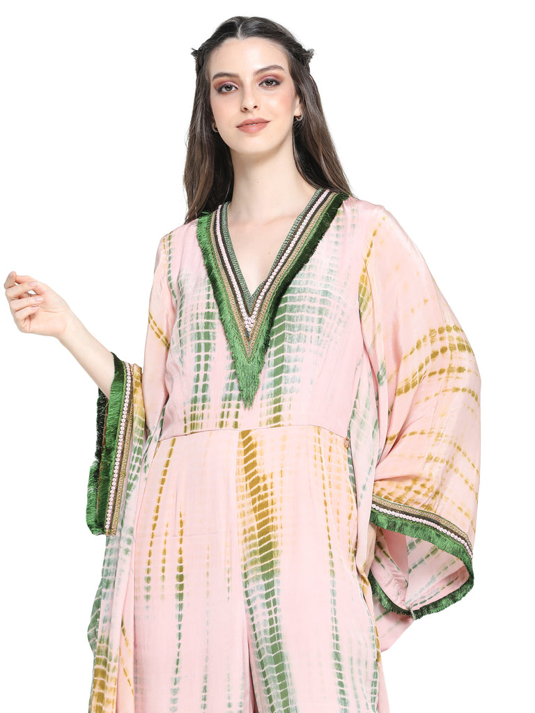 Pink and green shibori crepe kaftan style jumpsuit with embroidered V-neckline