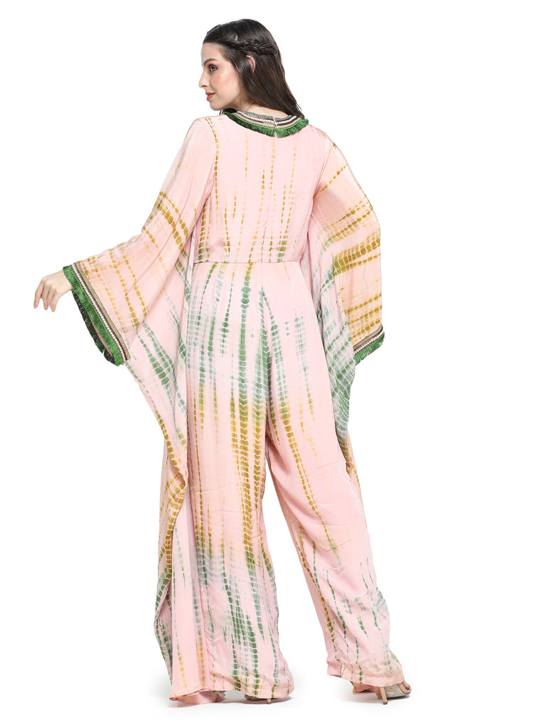 Pink and green shibori crepe kaftan style jumpsuit with embroidered V-neckline