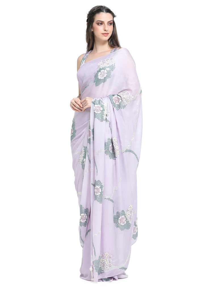 Lilac sequins emb satin chiffon saree with emb blouse