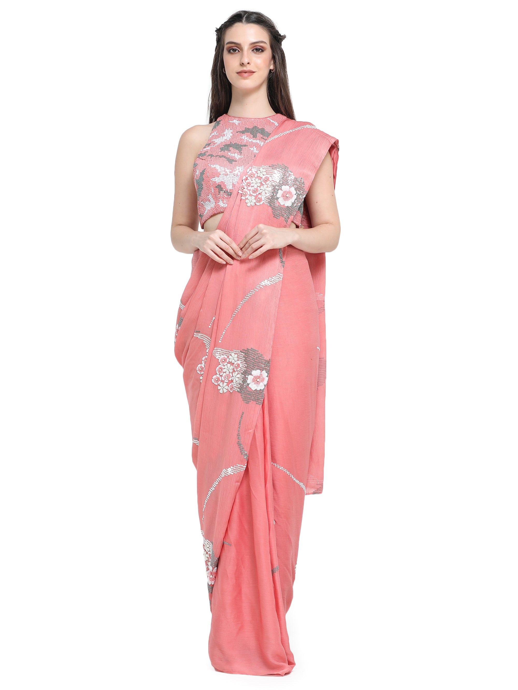 Peach sequins emb satin chiffon saree with emb blouse