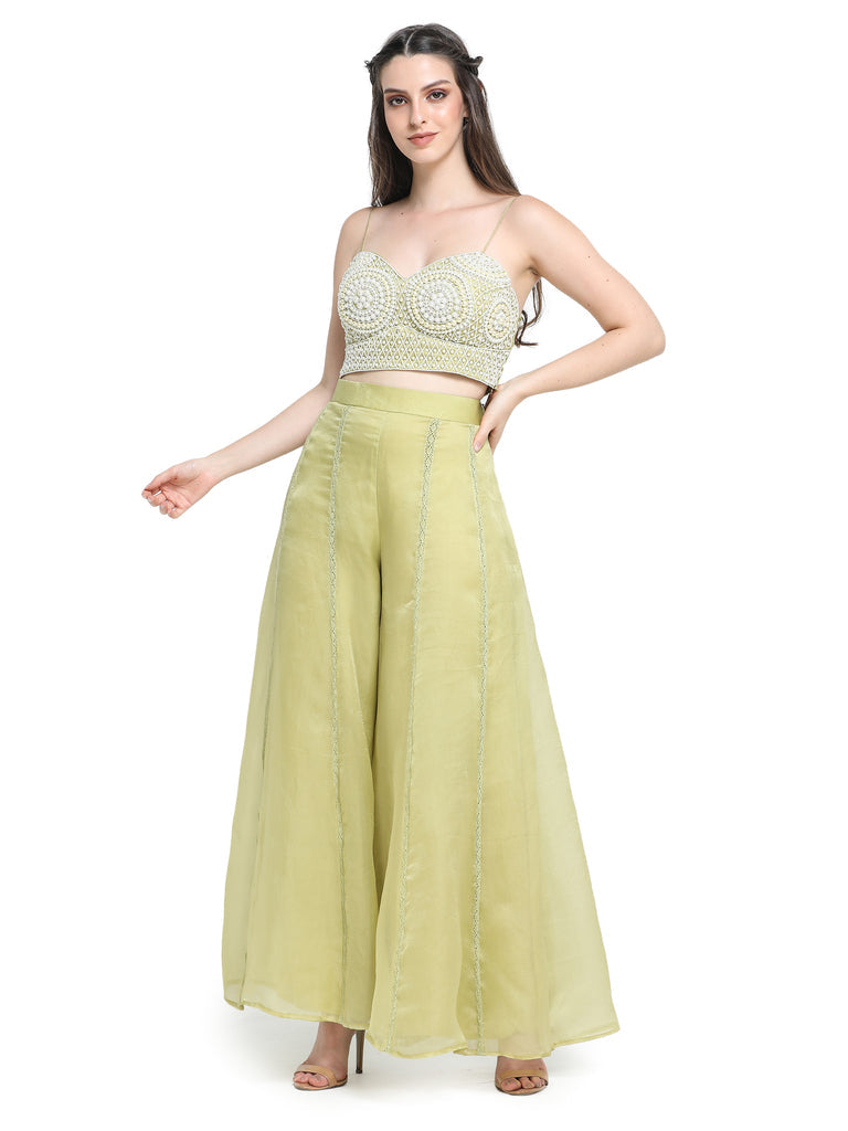 Kamiya Jani in our Green pearl embroidered jacket with bustier and palazzo