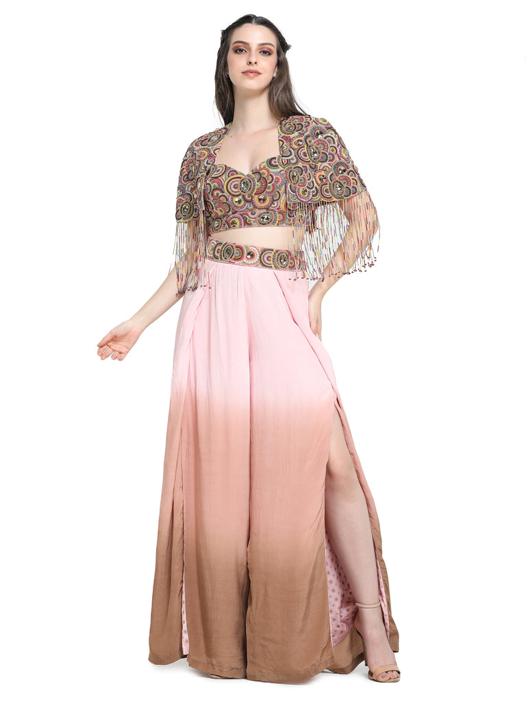 Pink brown ombre pants with colourful beadwork emb short cape with tassels and bustier