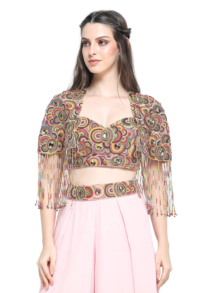 Pink brown ombre pants with colourful beadwork emb short cape with tassels and bustier