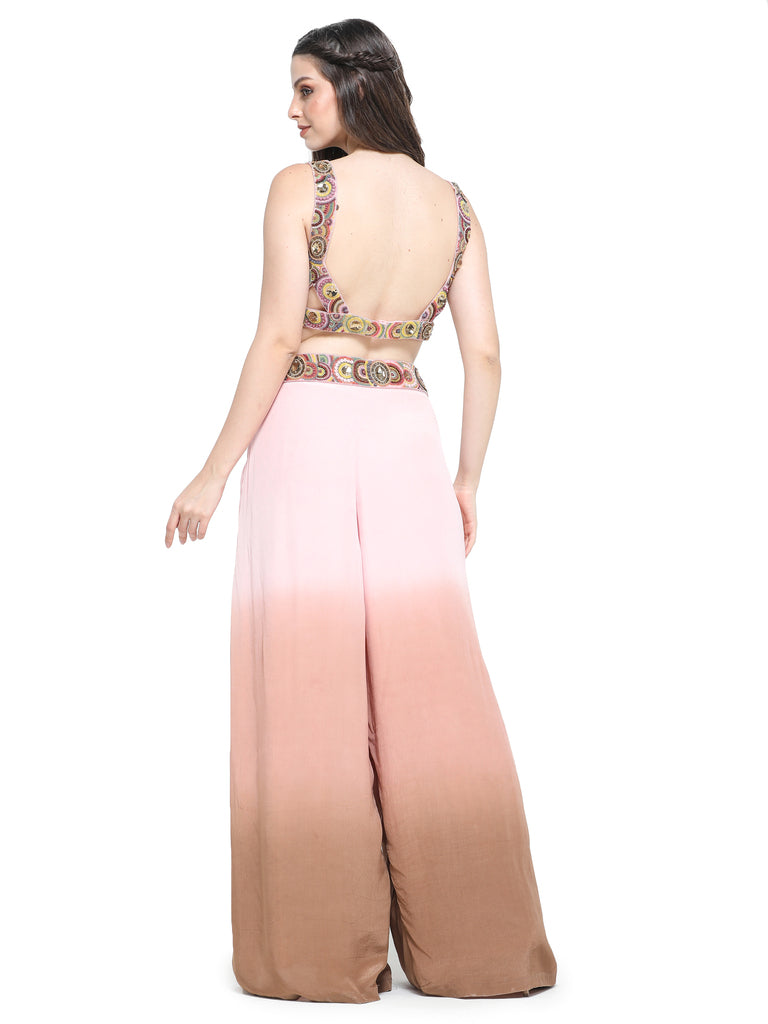 Pink brown ombre pants with colourful beadwork emb short cape with tassels and bustier