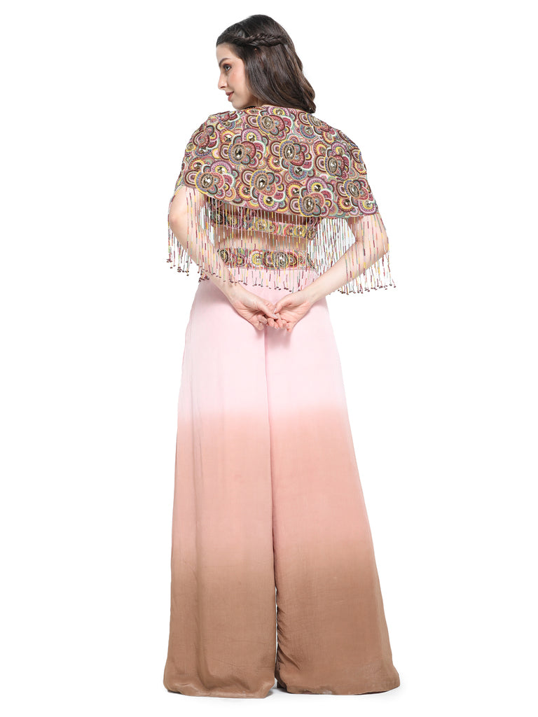 Pink brown ombre pants with colourful beadwork emb short cape with tassels and bustier