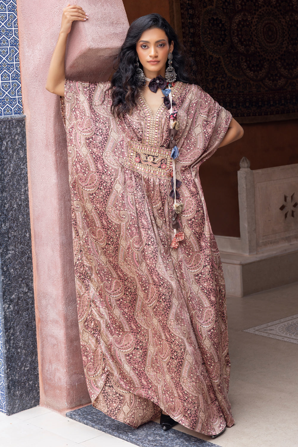 Brown Satin Paisley Printed Kaftan with Embroidery