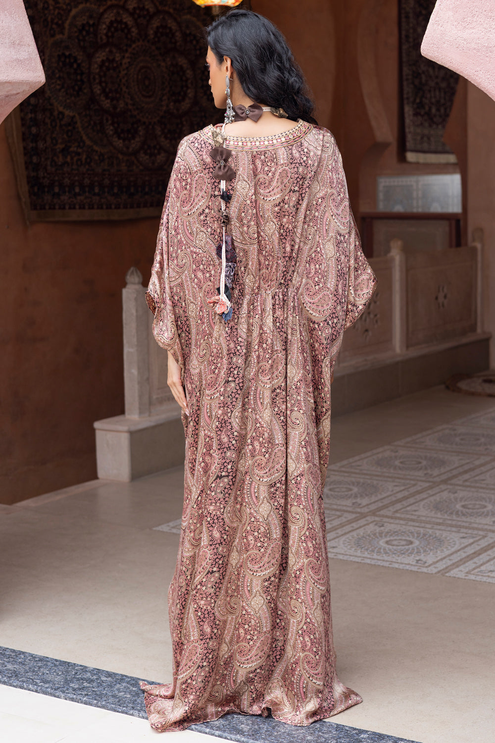 Brown Satin Paisley Printed Kaftan with Embroidery