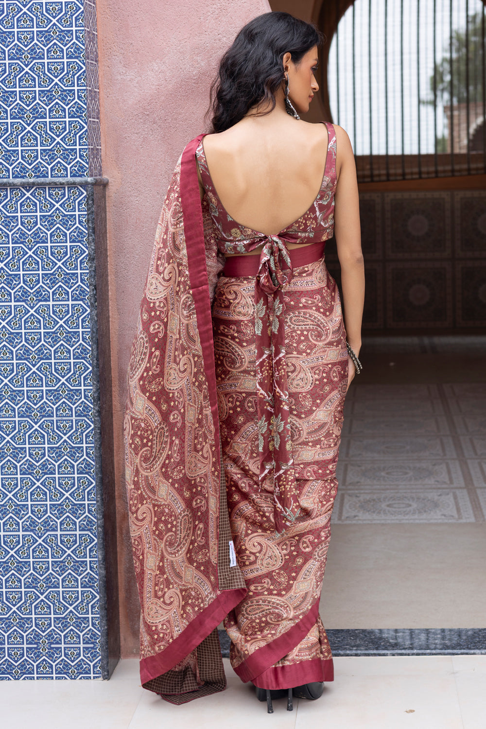 Maroon Satin Paisley Printed Saree with Maroon Chintz Satin Tie-Back Blouse