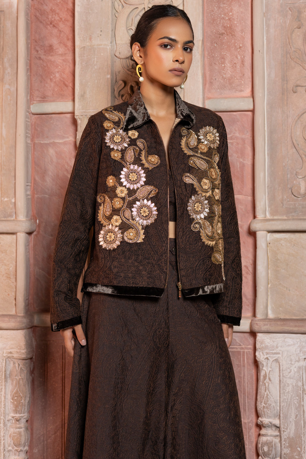 Brown Embroidered Long Jacket Set