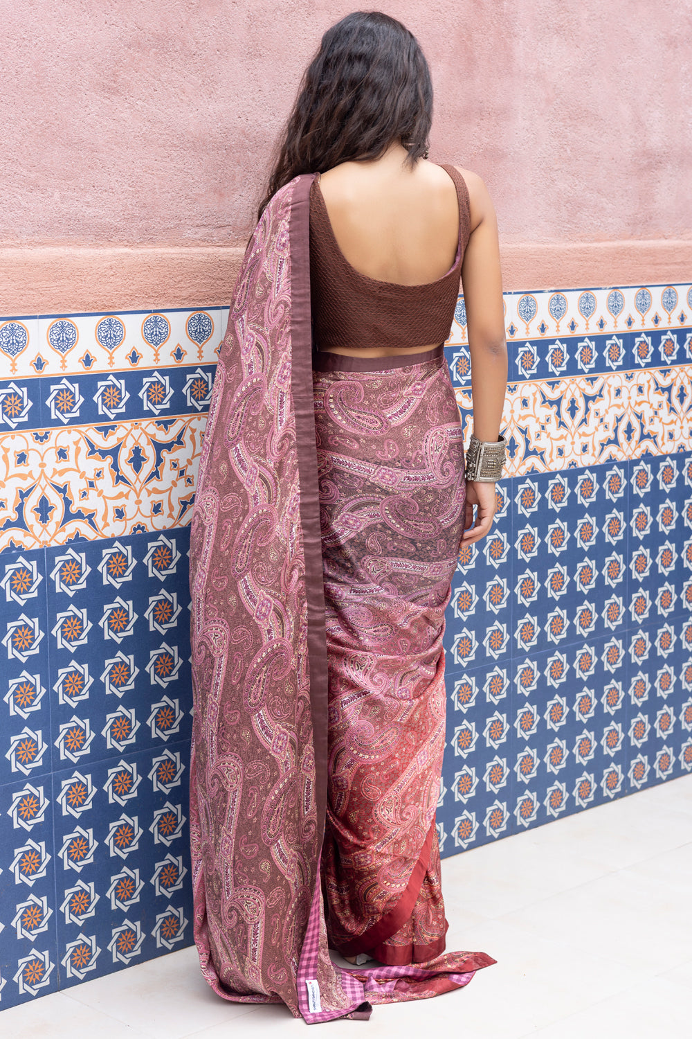 Pink Ombre Satin Paisley Printed Saree with Brown Textured Raw Silk Blouse