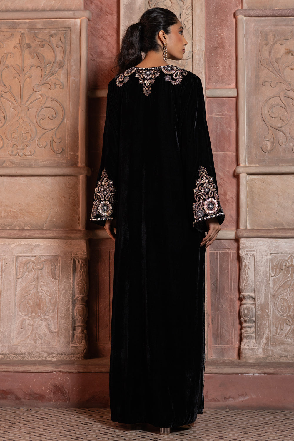 Black Velvet Paisley Embroidered Kaftan