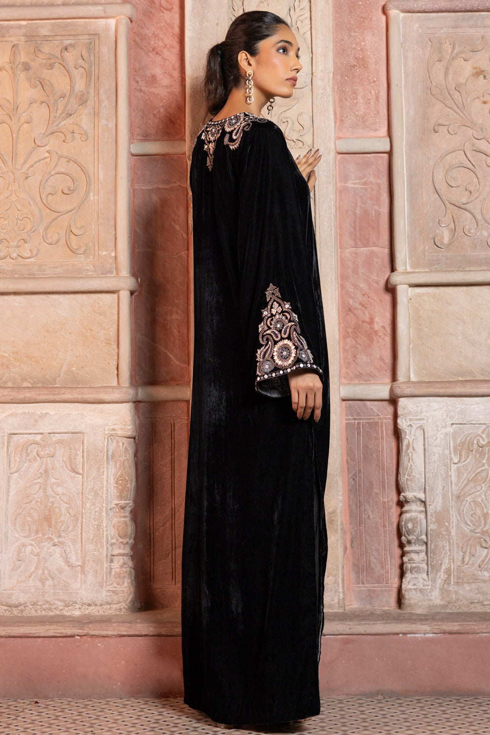 Black Velvet Paisley Embroidered Kaftan