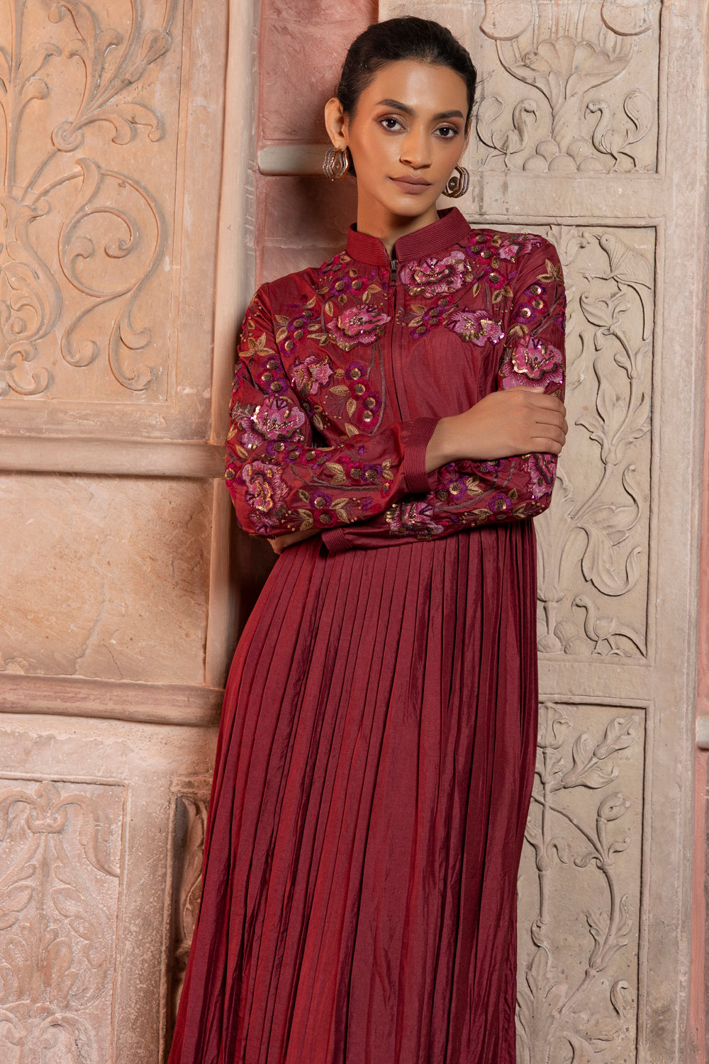 Maroon Silk Pleated Maxi with Floral Appliqué Embroidery