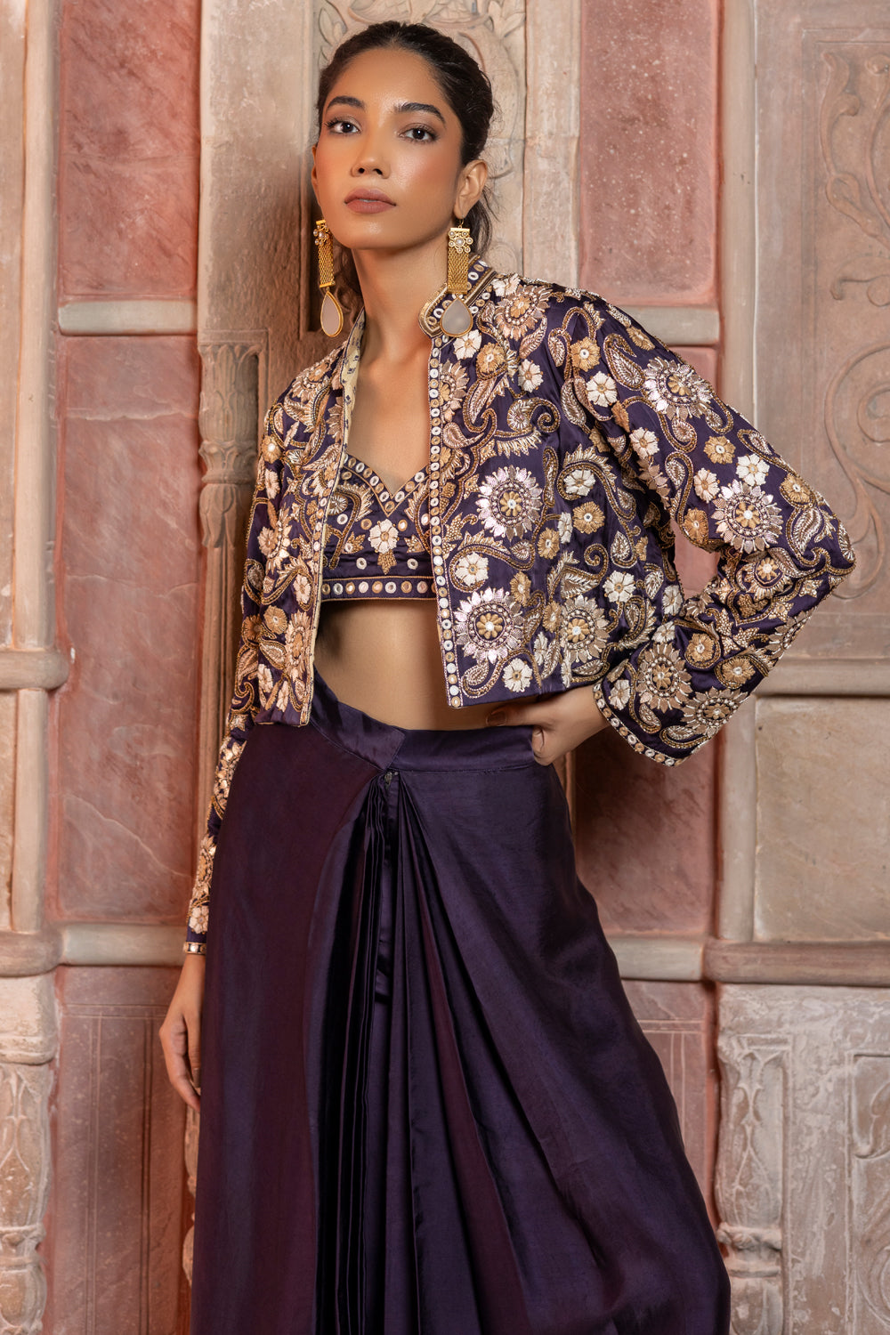 Deep Purple Crop Jacket with Bustier & Pants