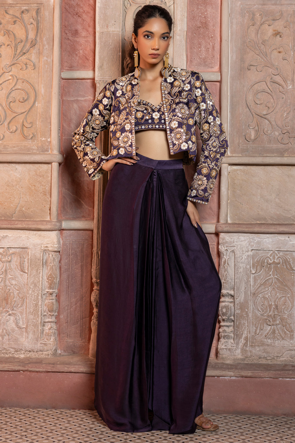 Deep Purple Crop Jacket with Bustier & Pants