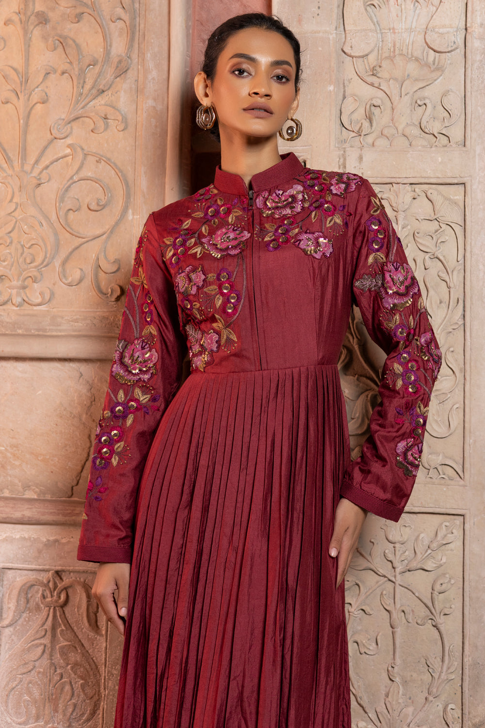 Maroon Silk Pleated Maxi with Floral Appliqué Embroidery